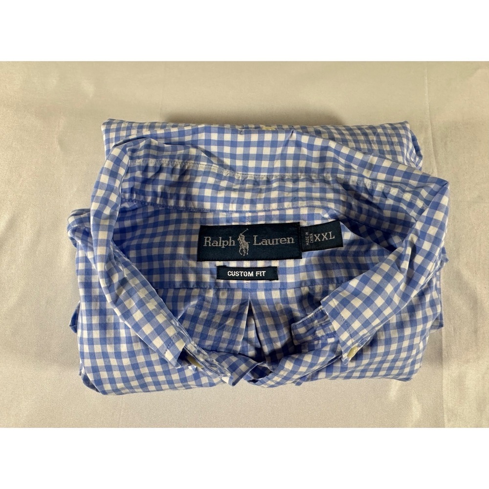 Ralph Lauren Mens XXL Custom Fit Blue White Gingham Button Down Shirt LS